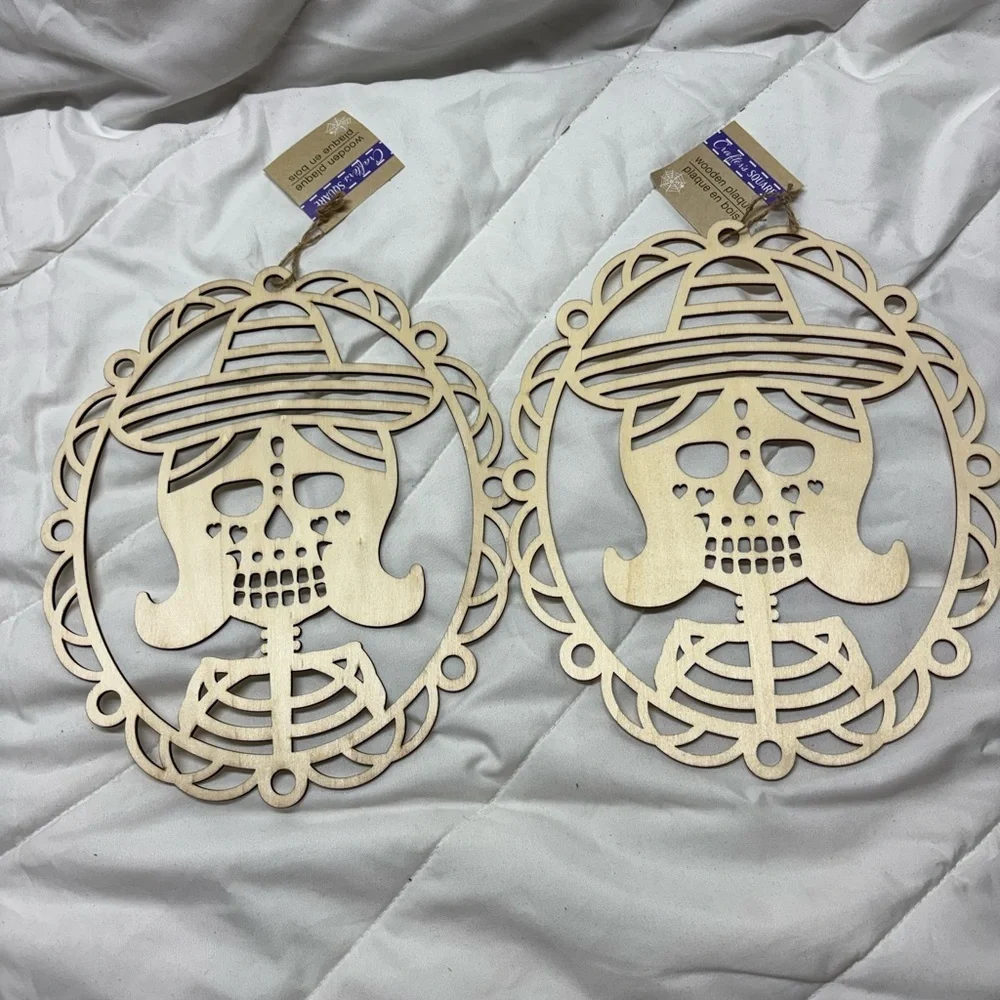 2 Skeleton Wooden Plaque Wall Art Decor- to paint or decorate craft. Halloween
